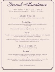 Valentine's dinner menu at Eternal Abundance